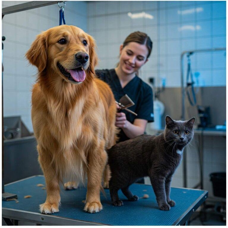 Well-groomed dog and cat in a professional salon.