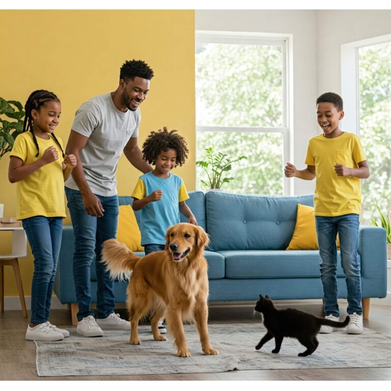 A joyful family welcomes their new dog and cat into their home, celebrating happiness and new beginnings