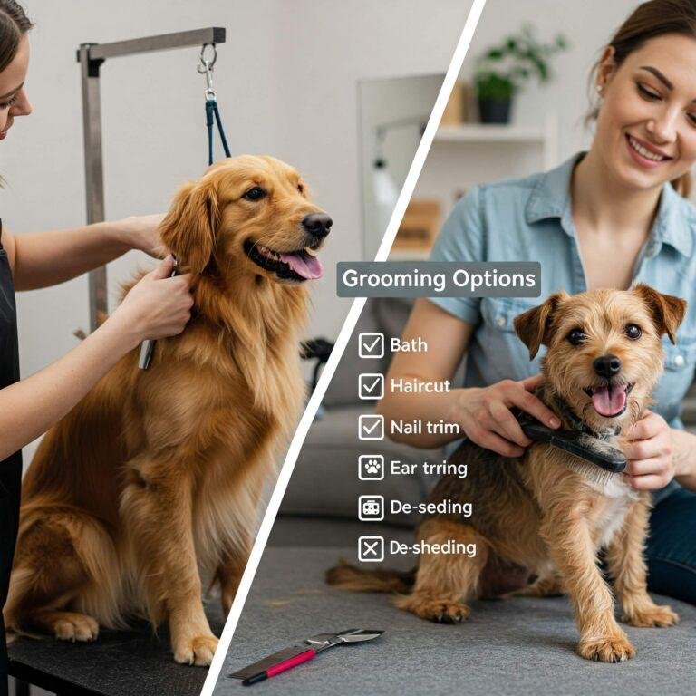 Professional vs. DIY Grooming: Pros and Cons for Pet Owners Dog grooming comparison: salon vs. home, 'Grooming Options' checklist
