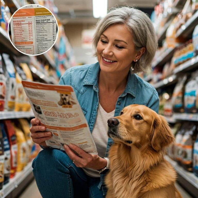 Pet owner and dog examine pet food bag label (ingredients, guaranteed analysis) in store aisle.