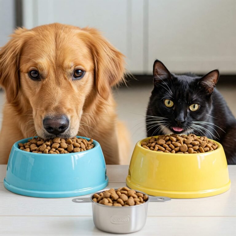 Dog and cat eating from portioned bowls