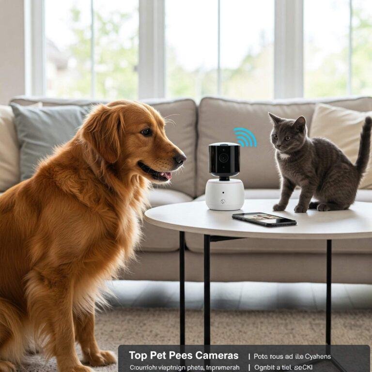 What’s the Best Pet Camera? Real Owner Reviews Dog and cat playfully interacting with pet camera, live feed on smartphone, with a 'Top Pet Cameras' checklist.