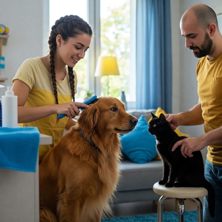 Happy dog and cat being groomed at home