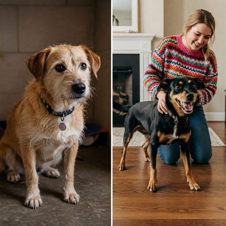 Scruffy dog transforming into happy pup