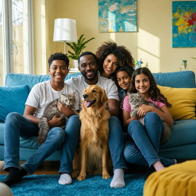 A happy family celebrating their newly adopted dog and cat in their cozy home, radiating joy and togetherness