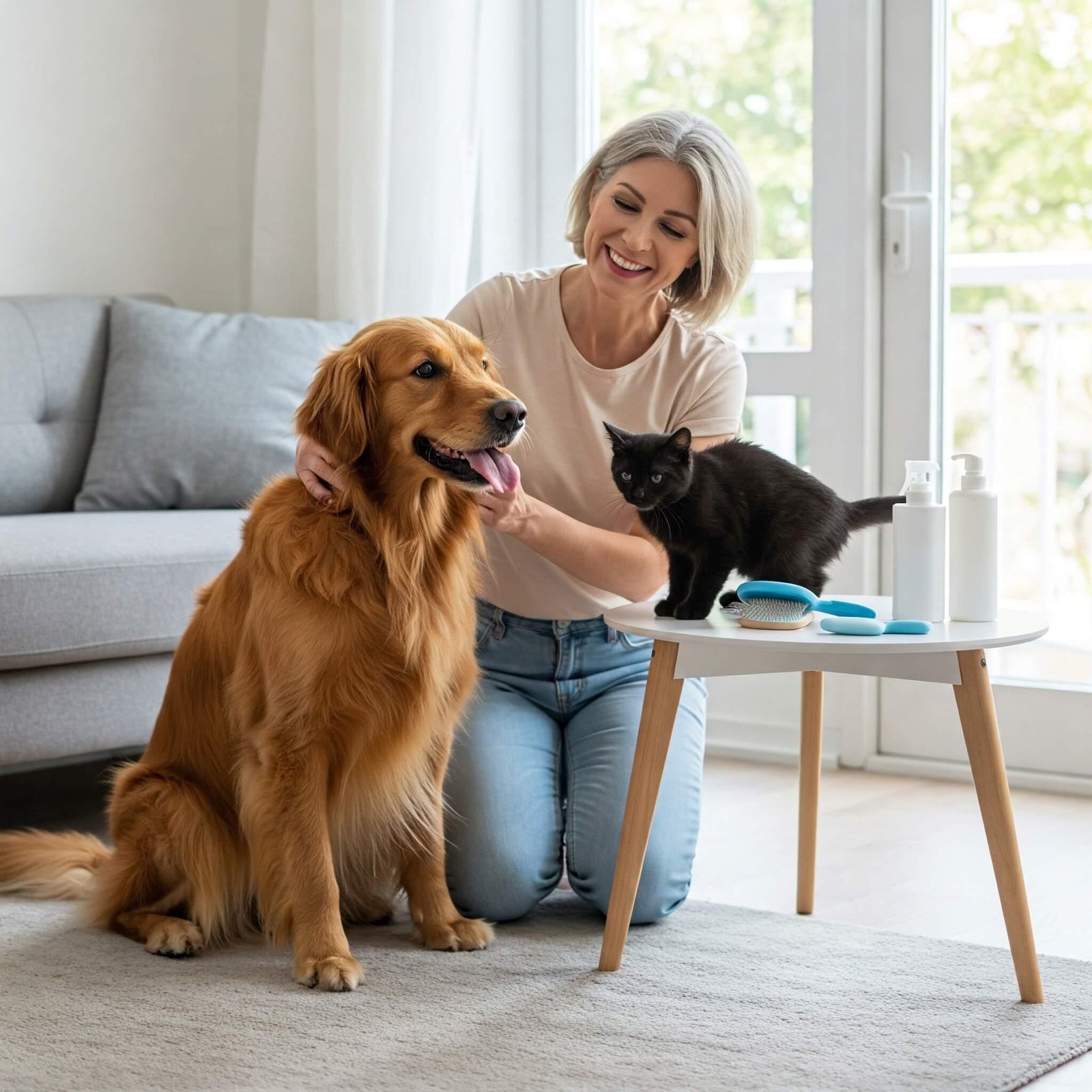 How Clean Is Too Clean? Hygiene Tips to Prevent Pet Infections Pet owner grooming dog and cat.