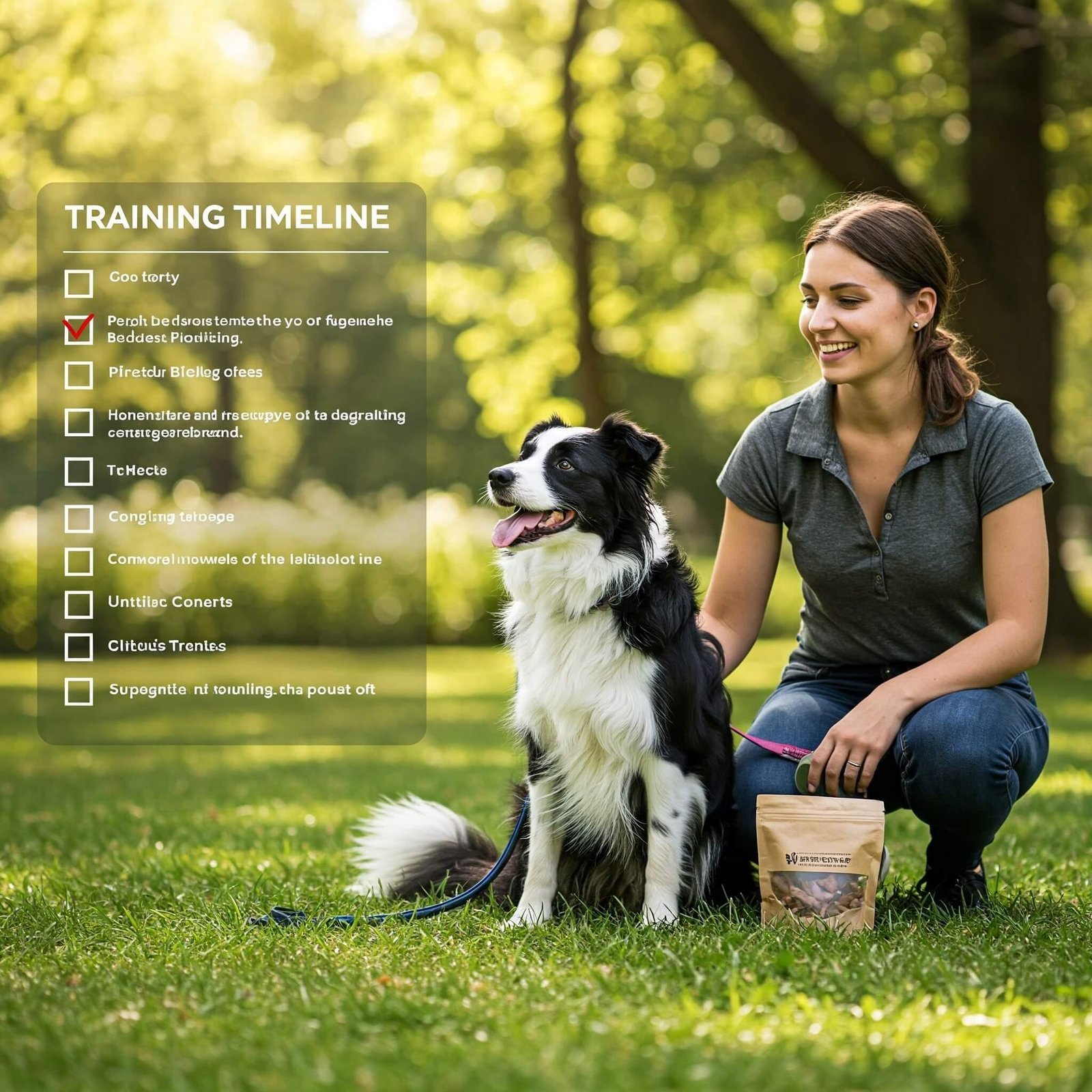 When to Start Obedience Training (And Why It Matters for Your Pet) joyful Border Collie sits attentively with its owner in a sunny park, with a leash and treats visible