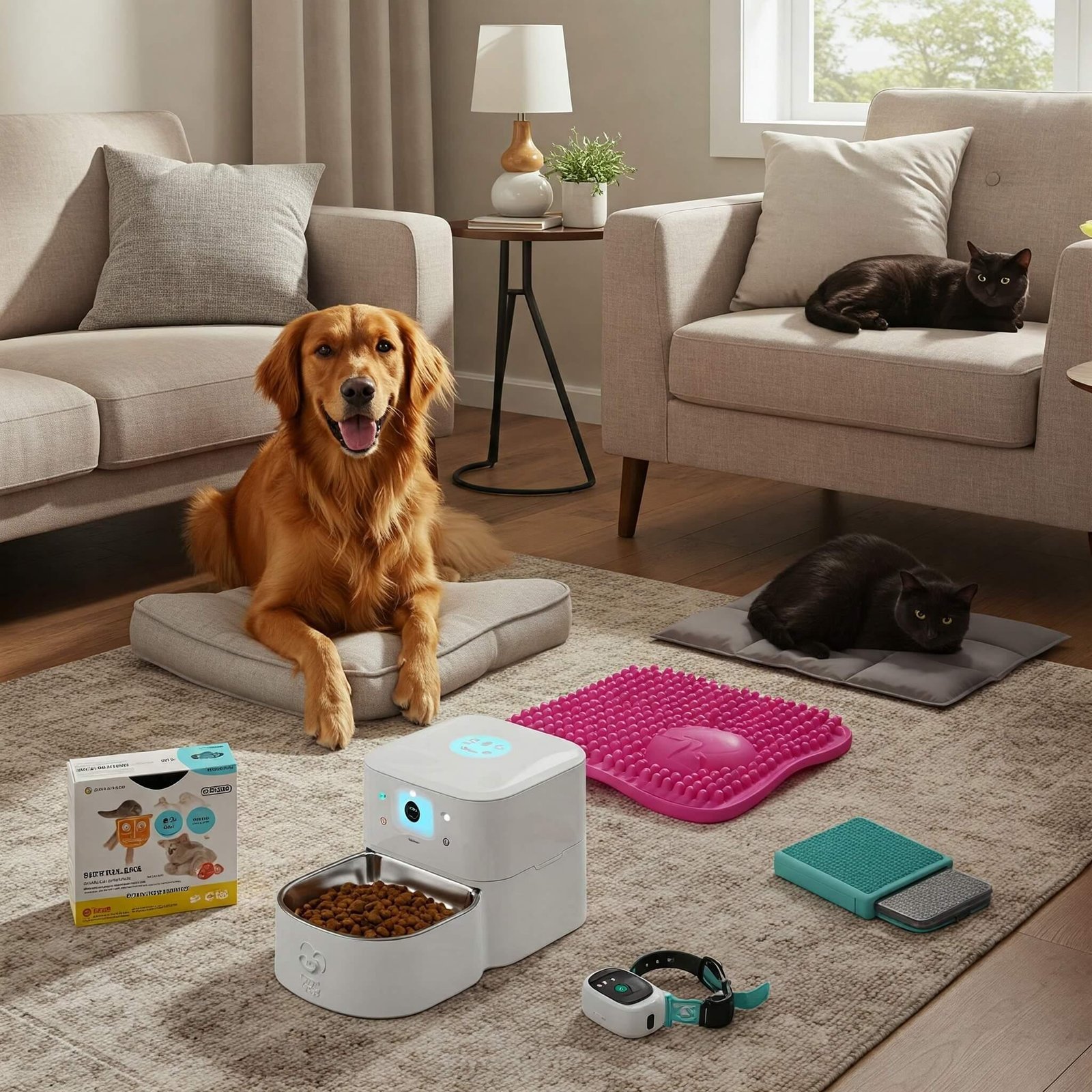 Top 10 Must-Have Pet Products of 2025 Cozy living room with happy pets and pet products