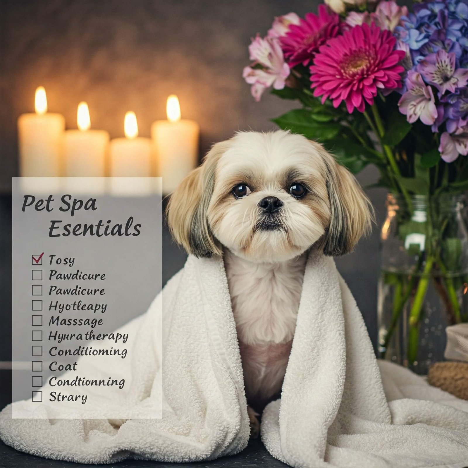 Spa Day for Pets: Are Luxury Grooming Services Necessary? Shih Tzu post-grooming in a spa setting with candles and flowers.