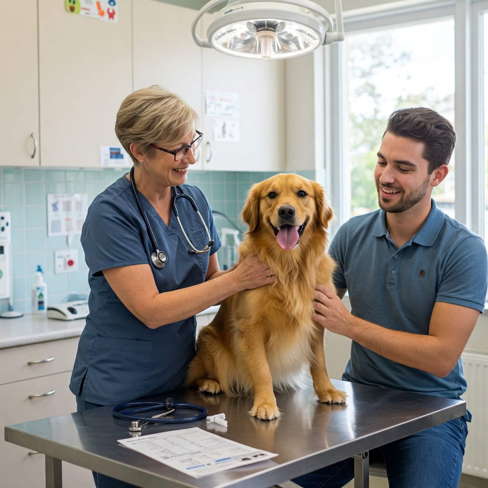 Is Preventive Veterinary Care Really Necessary? Here’s the Truth Veterinarian checking a happy dog in a bright clinic with smiling owner present.
