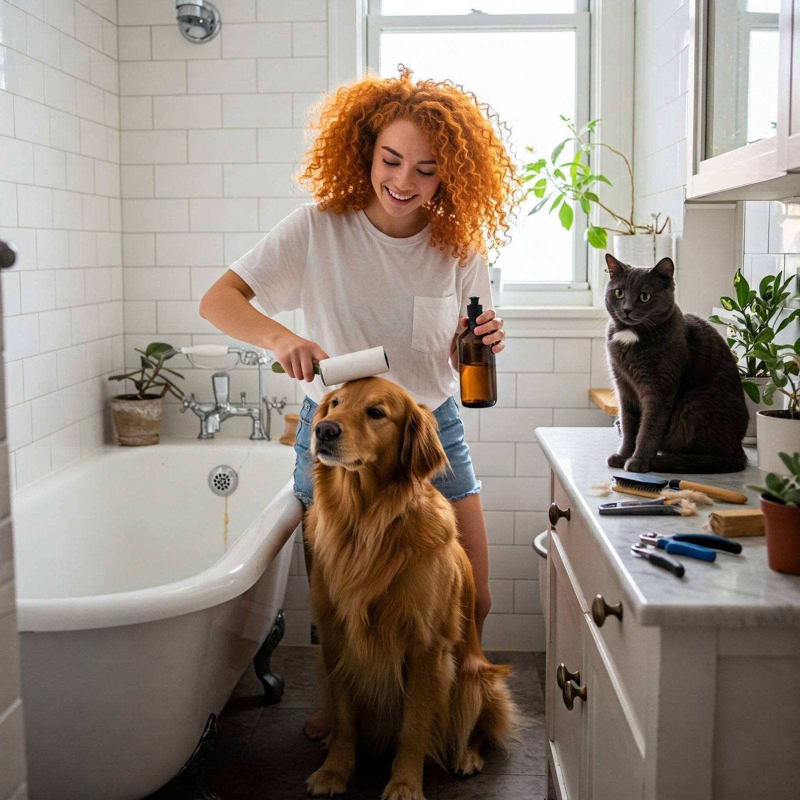 DIY Pet Grooming Hacks That Save Time and Money Cozy bathroom grooming session: Person with dog, lint roller, homemade shampoo, and watching cat.