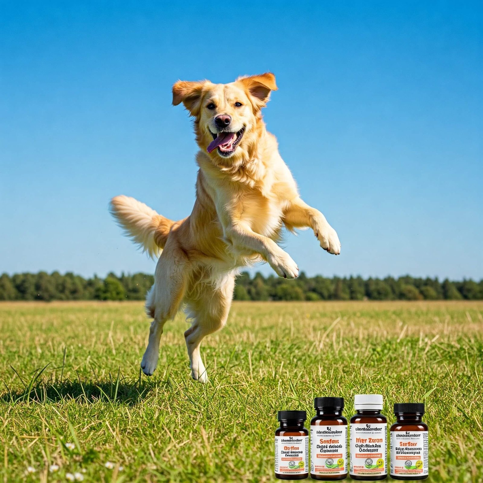 Best Joint Supplements for Dogs: Vet-Approved Picks to Keep Your Pup Active A joyful Golden Retriever leaps mid-air in a grassy field with a clear blue sky.