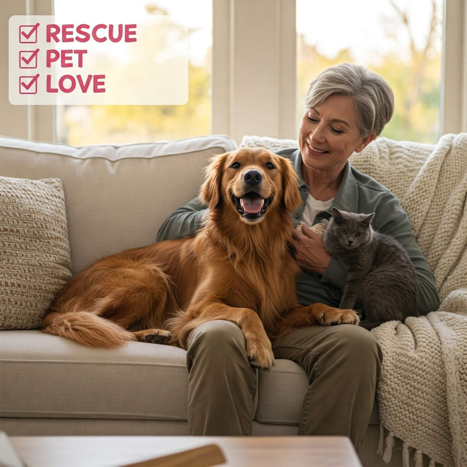 Why Rescue Pets Make the Best Companions: Heartwarming Reasons Cozy scene of a person cuddling with a rescue dog and cat on a couch, featuring a heart-shaped 'Rescue Pet Love' checklist