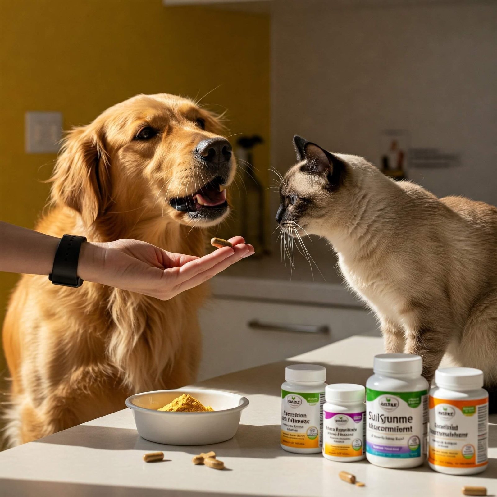 When Should You Start Giving Your Pet Supplements? A dog eating a supplement treat from its owner's hand in a bright kitchen, with the cat near food.