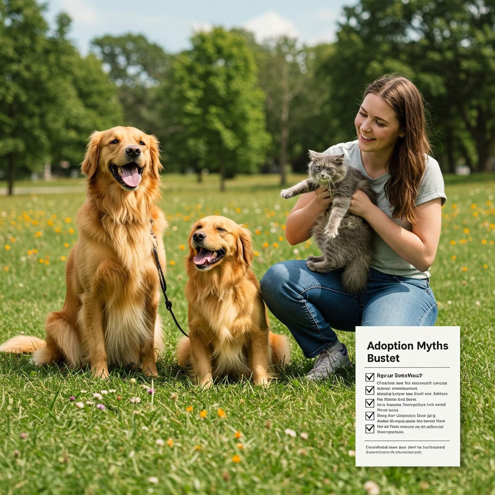 Common Adoption Myths Busted by Experts: The Truth Revealed Joyful rescue dog, cat, and owner in a sunny park with a checklist titled 'Adoption Myths Busted
