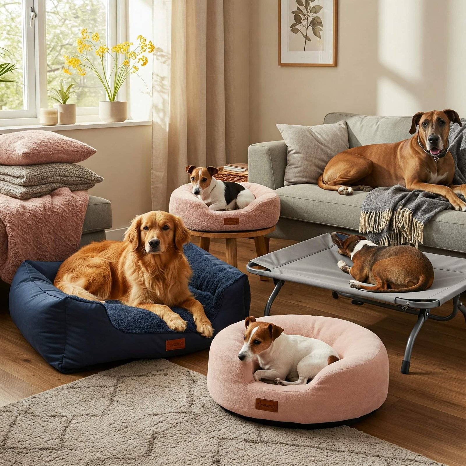 The Best Dog Beds Tested and Reviewed for 2025 Multiple dogs loungin on different beds