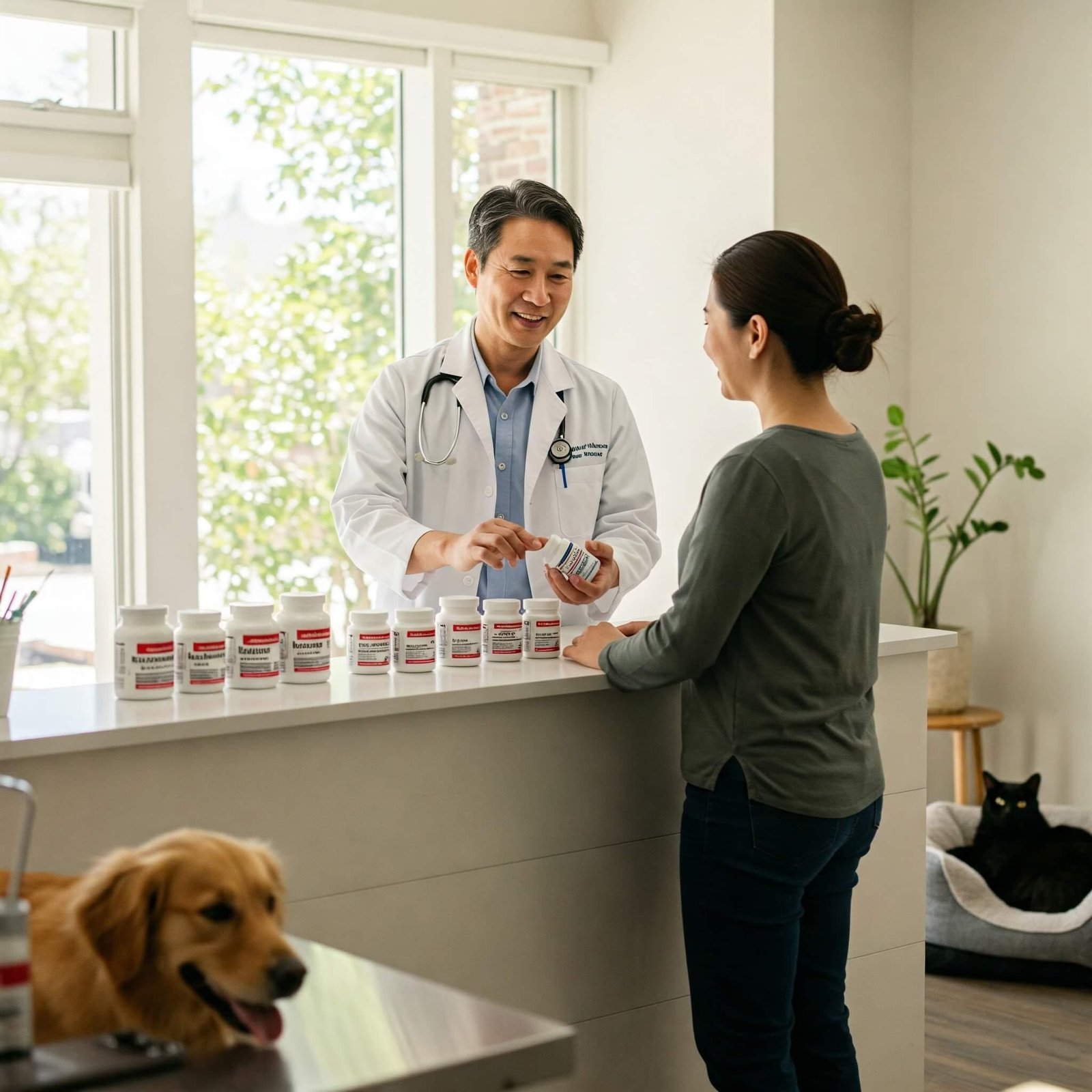 Do Supplements Help Prevent Pet Diseases? Experts Weigh In A veterinarian discussing supplements with a pet owner. A dog and cat are nearby in a bright clinic setting