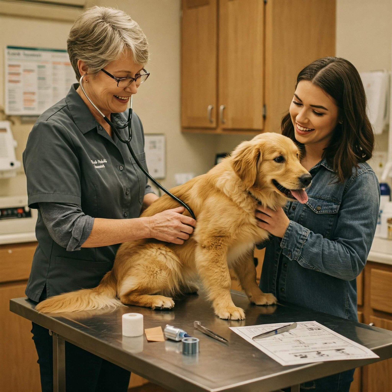 What to Expect at Your Pet’s First Vet Visit Veterinarian examining a happy puppy on a table in a warm clinic setting, while the owner smiles