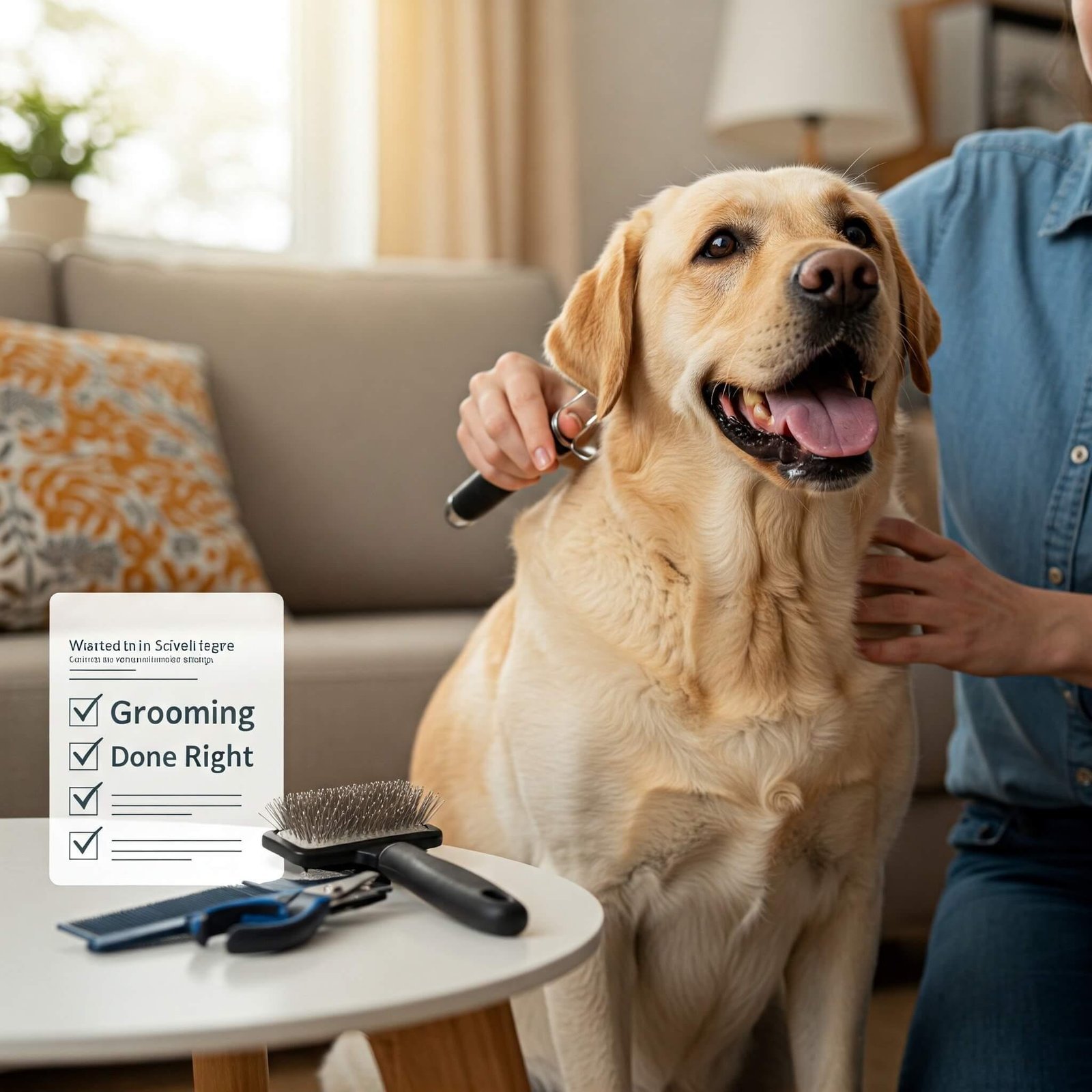 Avoid These 5 Common Grooming Mistakes at Home for a Happy Pet A joyful Labrador is gently brushed by its owner in a cozy home, with grooming tools nearby
