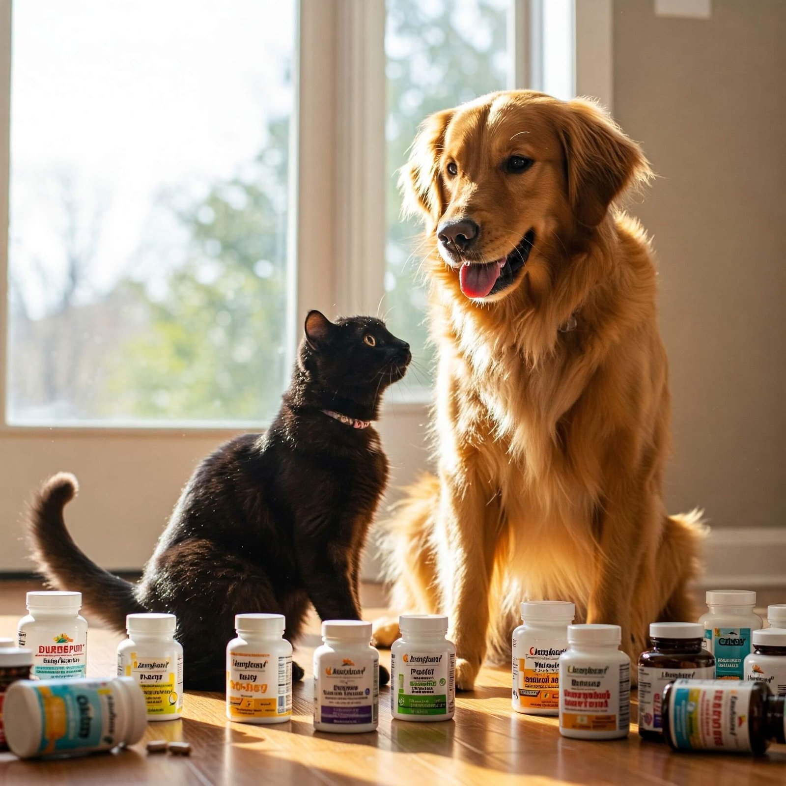 Pet Dietary Supplements: Top 10 for a Healthier, Happier Pet A healthy Golden Retriever and sleek black cat with glossy coats