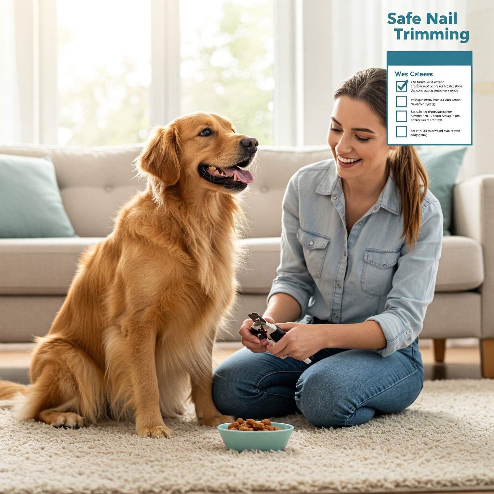 The Safe Way to Trim Your Pet’s Nails Without Stress Owner trimming Golden Retriever's nails, treats and clippers present.